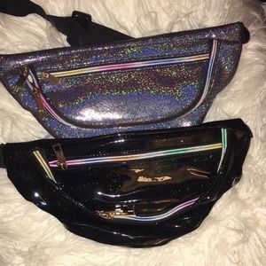 2 brand new glossy black & holo Fanny packs